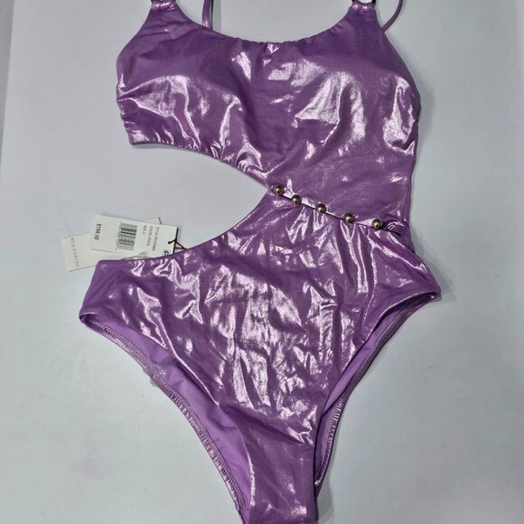 Red Carter Shimmer Asymmetric-Button One-Piece Swimsuit - Picture 5 of 10